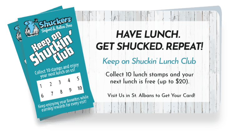 Keep on Shuckin' Lunch Club cards offering a free lunch after 10 stamps